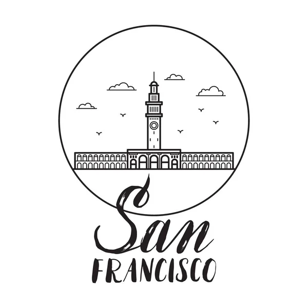 Illustration de San Francisco avec lettrage moderne et construction de ferry — Image vectorielle