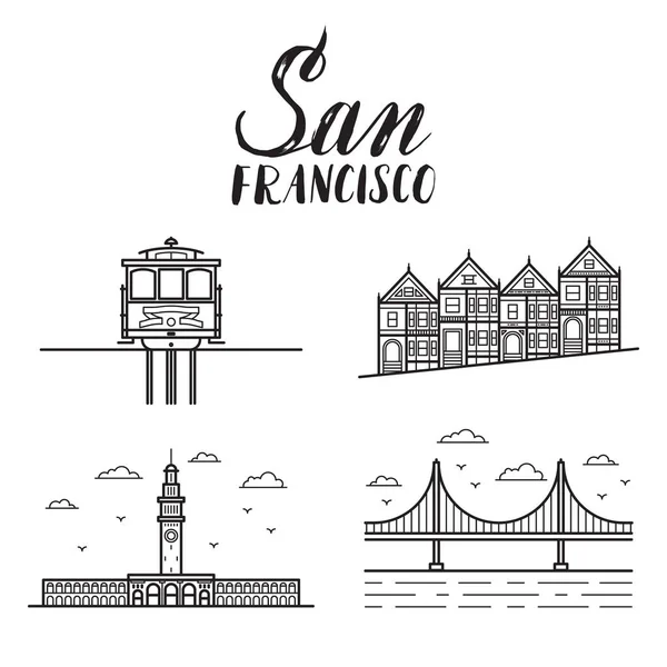 San Francisco illustration with modern lettering, painted ladies — Stock Vector