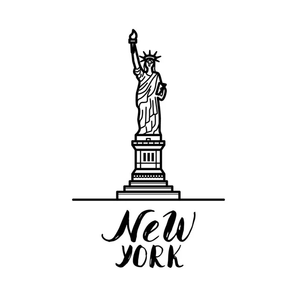 New York illustration with modern calligraphy and statue of libe — Stock Vector