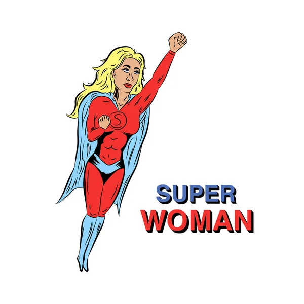 Flying superwoman illustration in red super costume with cloak. — Stock Vector
