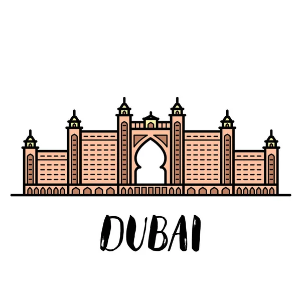 Dubai Atlantis The Palm resort flat illustration with modern lettering — Stock Vector