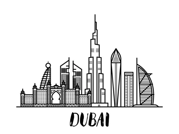 Dubai paisaje línea ilustración de arte con letras modernas rectangular — Vector de stock