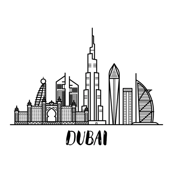 Dubai landscape line art illustration with modern lettering square — Stock Vector