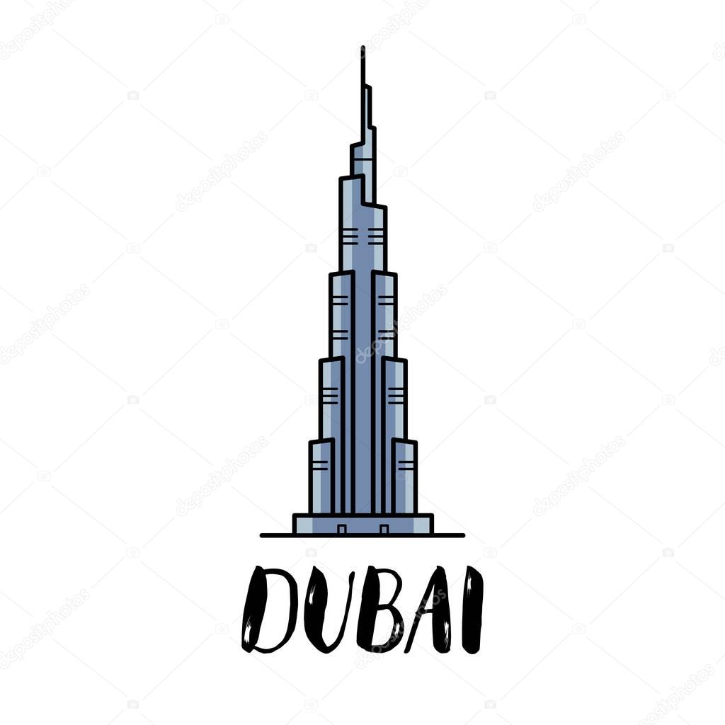 Dubai Burj Khalifa flat illustration with modern lettering — Stock