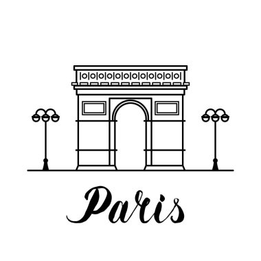 Paris landmark Arc of Triumf line art illustration with hand drawn lettering clipart