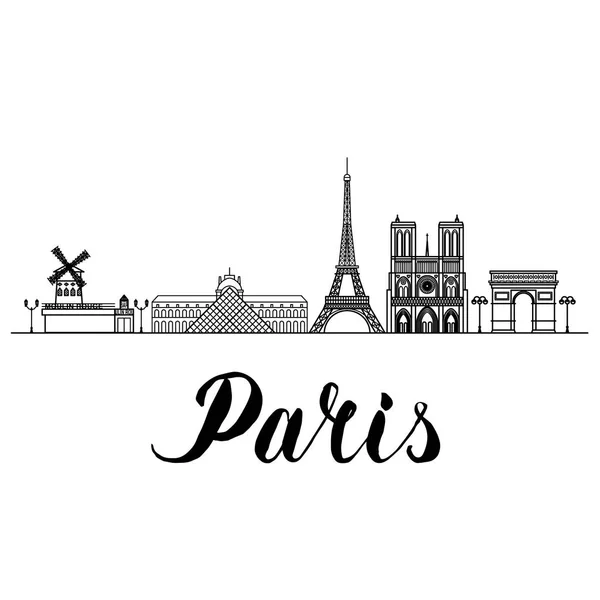 Paris landmarks line art illustrazione con scritte disegnate a mano — Vettoriale Stock
