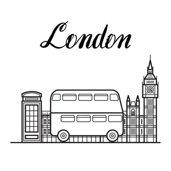 Londres ônibus e Big Ben construção ilustração com letras modernas —  Vetores de Stock