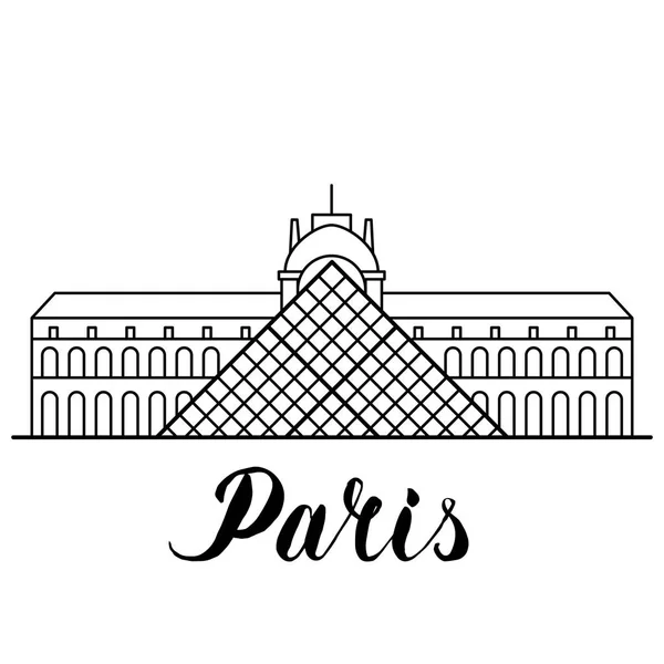 Paris landmark Louvre line art illustration with hand drawn lettering — Stock Vector