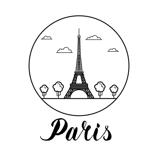 Paříž mezník Eiffelova věž linie umění ilustrace s rukou kreslené písmo — Stockový vektor