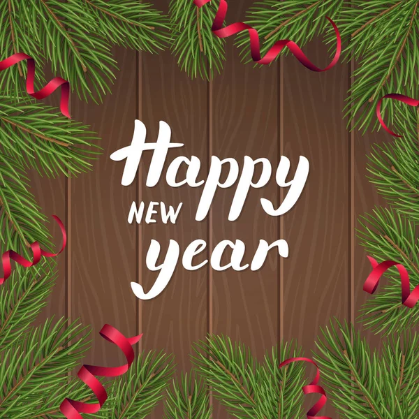Feliz Año Nuevo letras modernas sobre fondo de madera con ramas de abeto — Vector de stock
