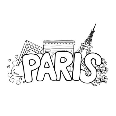 Paris vektör el çizilmiş kroki ile ünlü simge, Manolya çiçek açması ve kalpleri düşen bahar