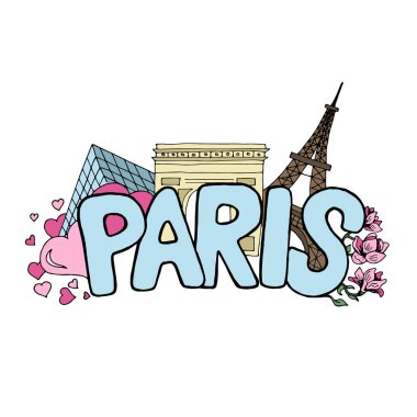Paris vektör renkli kroki ile ünlü simge, Manolya çiçek açması ve kalpleri düşen bahar