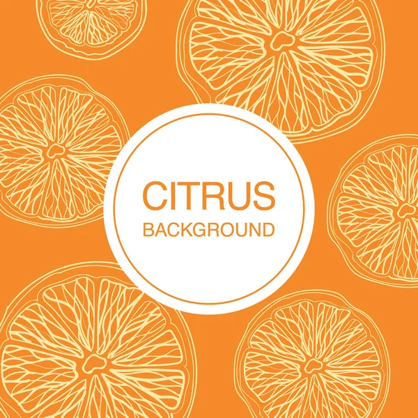 Bosquejo de frutas cítricas sobre fondo naranja composición cuadrada — Vector de stock