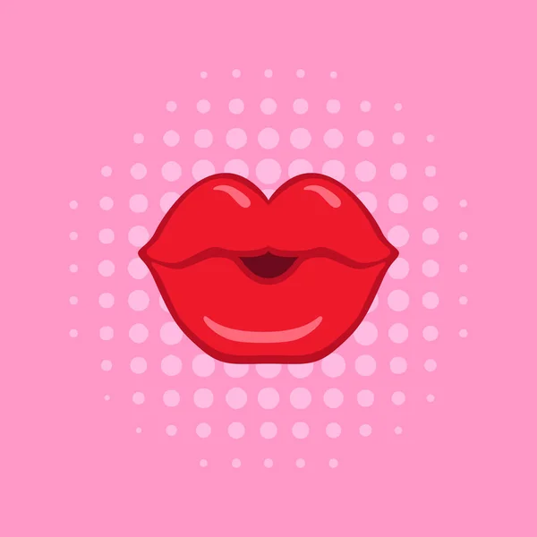 Labios besos rojos sobre fondo de patrón de medio tono rosa hecho en estilo cómico — Archivo Imágenes Vectoriales