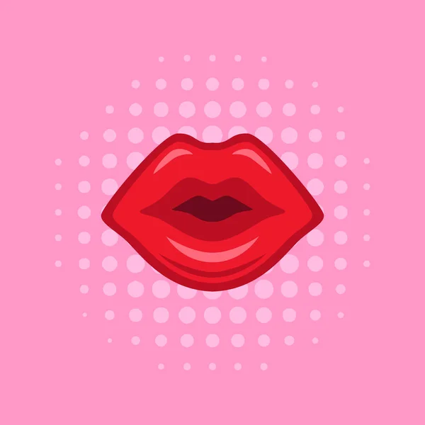 Labios rojos sobre fondo de patrón de medio tono rosa hecho en estilo cómico — Archivo Imágenes Vectoriales