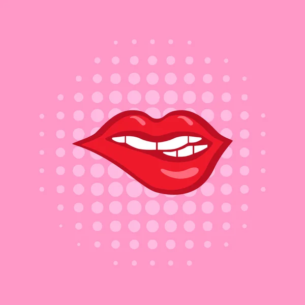 Labios seductores rojos sobre fondo de patrón de medio tono rosa hecho en estilo cómico — Archivo Imágenes Vectoriales