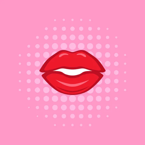 Labios rojos ligeramente abiertos sobre fondo de patrón de medio tono rosa — Archivo Imágenes Vectoriales
