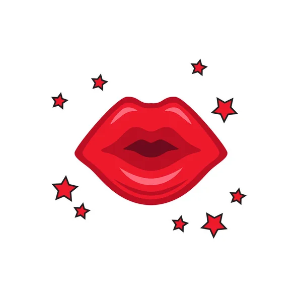 Bibir merah dan bintang-bintang di sekitar mereka dibuat dengan gaya komik - Stok Vektor