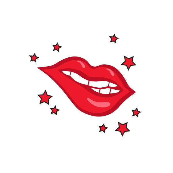 Labios rojos seductores y estrellas alrededor de ellos hechos en estilo cómico — Archivo Imágenes Vectoriales