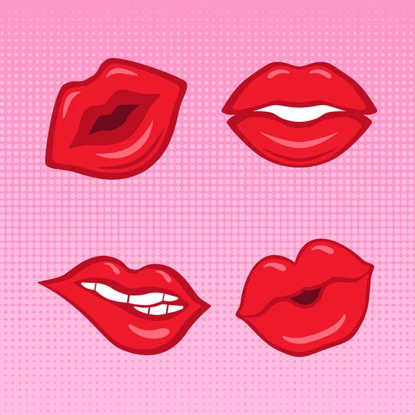 Conjunto de labios rojos sobre fondo rosa medio tono hecho en estilo cómico — Archivo Imágenes Vectoriales