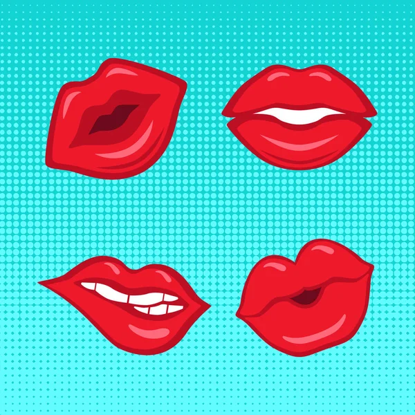 Set van rode lippen op blauwe achtergrond van de half-tone gemaakt in strips stijl — Stockvector