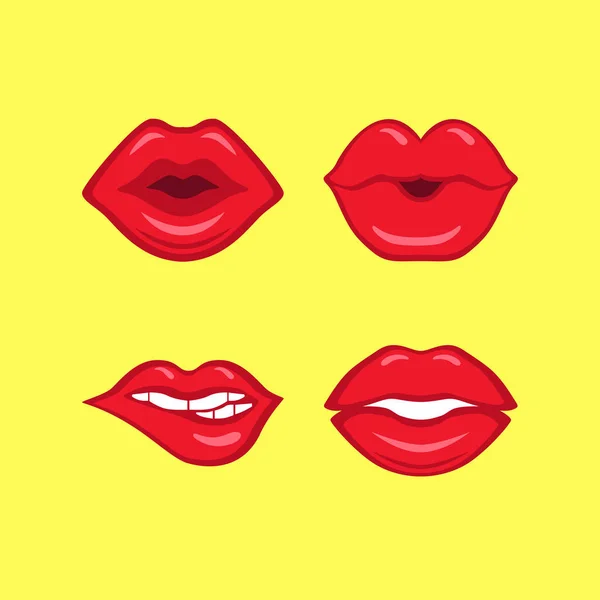 Conjunto de lábios vermelhos sobre fundo amarelo feito em estilo quadrinhos — Vetor de Stock