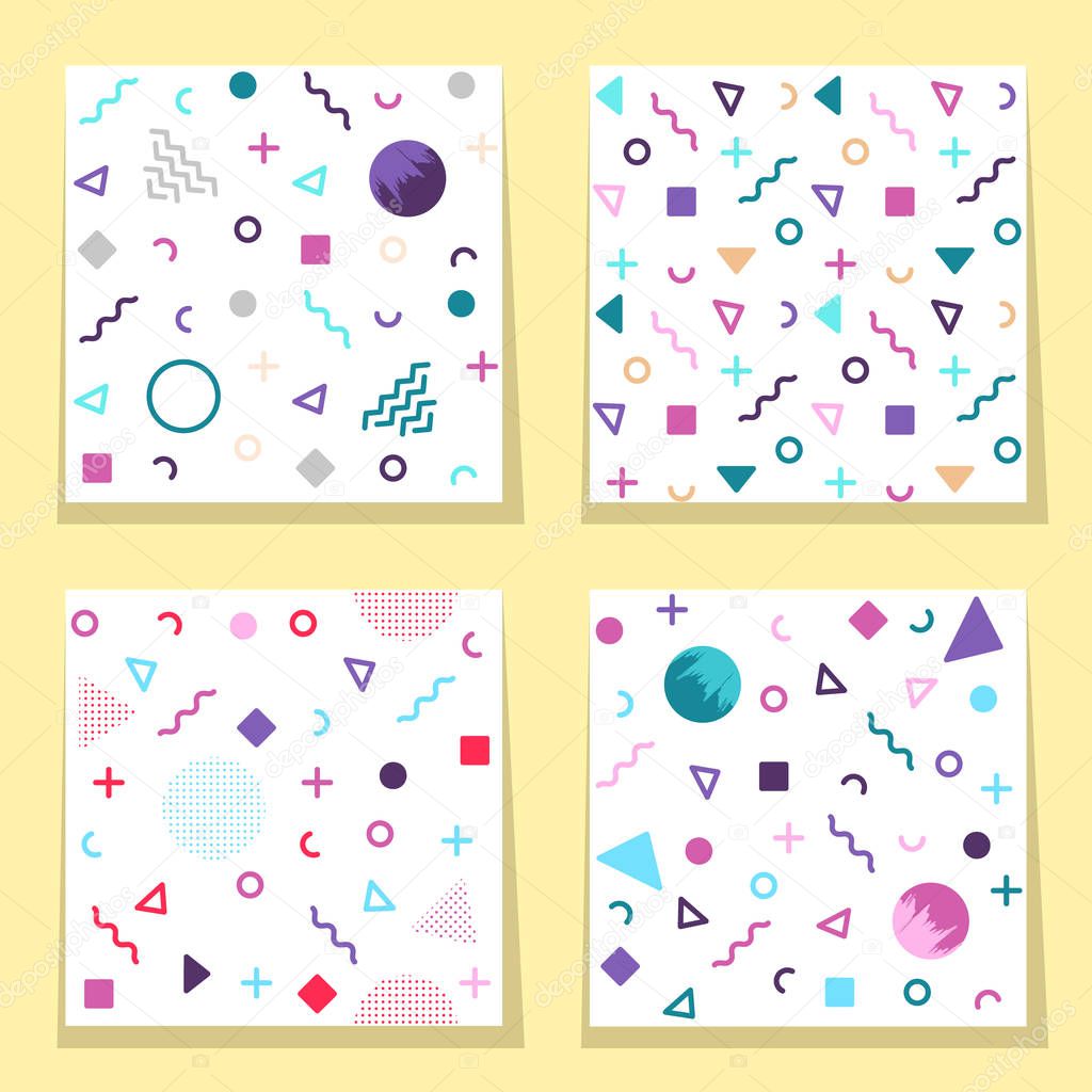 Set of  four white avant-garde seamless patterns with colorful shapes