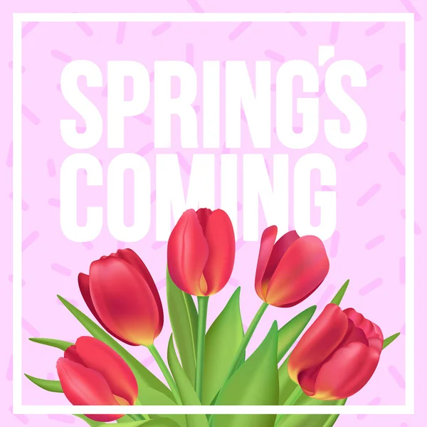 ¡Se acerca la primavera! Diseño de póster tipográfico con tulipanes realistas y patrón de memphis sobre fondo — Vector de stock