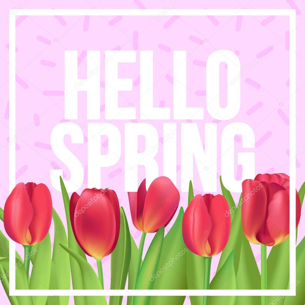 Hello Spring!  Typographic poster design with realistic tulips and memphis pattern on background