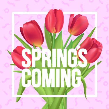 Tipografik poster ile kırmızı lale buketi. Bahar geliyor!