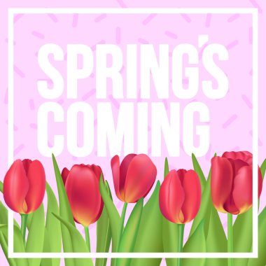 Bahar tipografik poster ile kırmızı lale buketi geliyor.