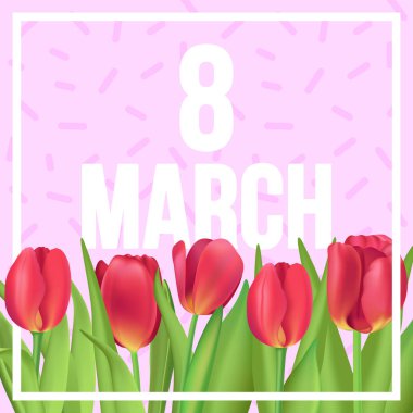 8 Mart tipografik poster ile kırmızı lale ve memphis tarzı desen