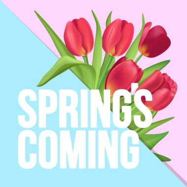 Bahar tipografik poster ile kırmızı lale buketi geliyor 