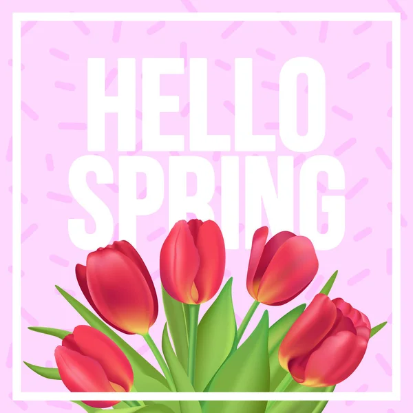 Hallo lente typografische poster met rode tulpen boeket op roze achtergrond — Stockvector