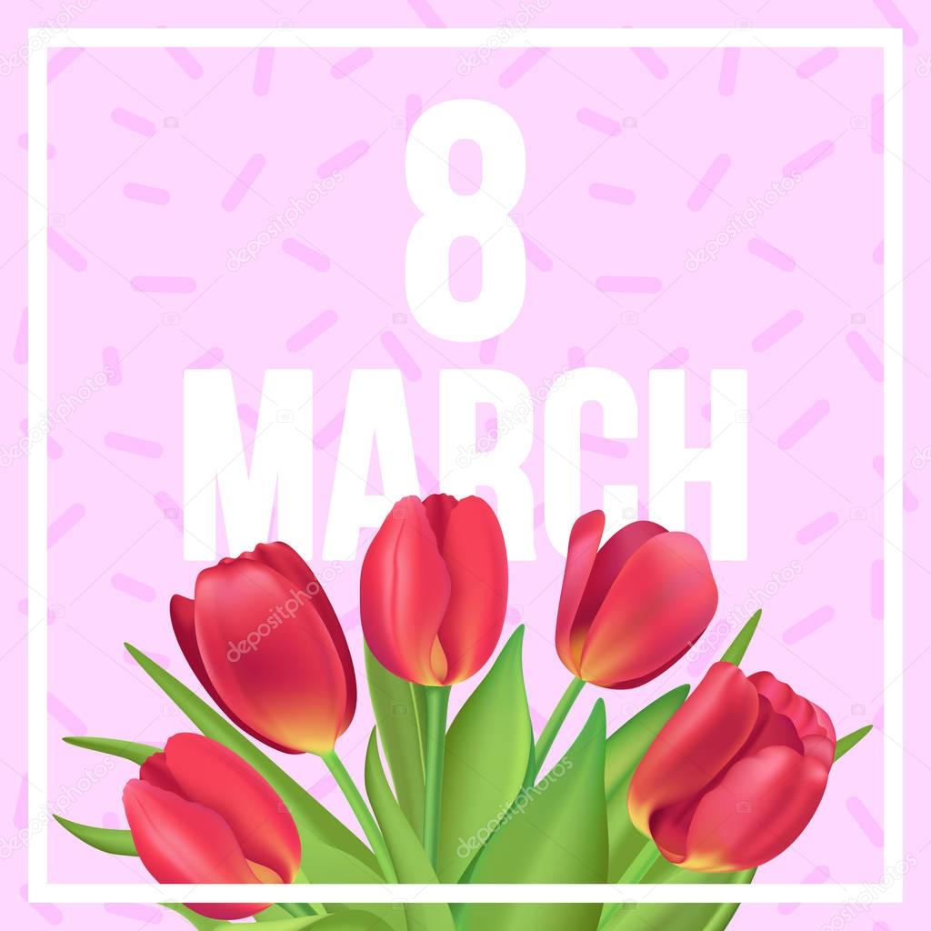 8 March typographic poster with red tulips bouquet.