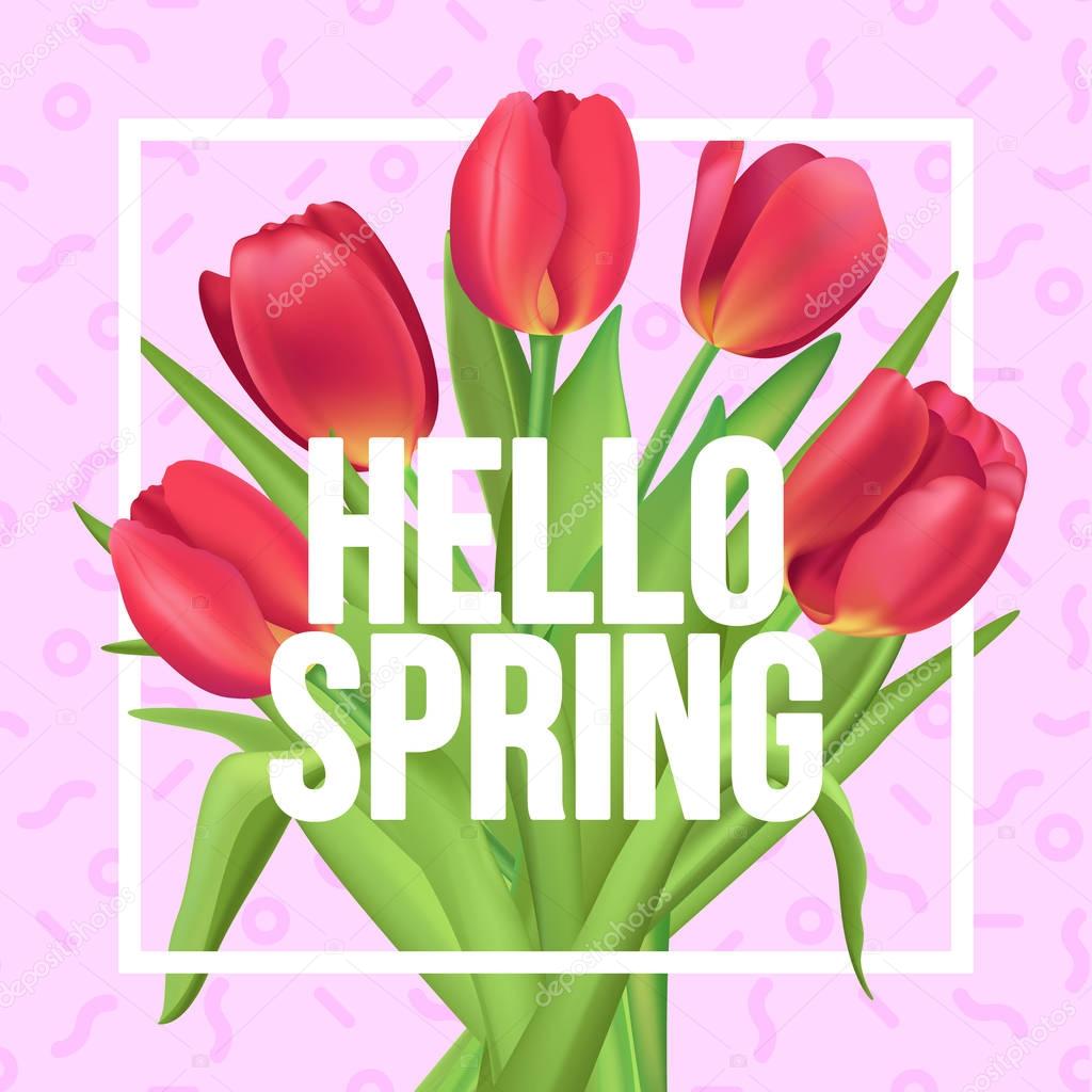 Typographic poster with red tulips bouquet. Hello, Spring!
