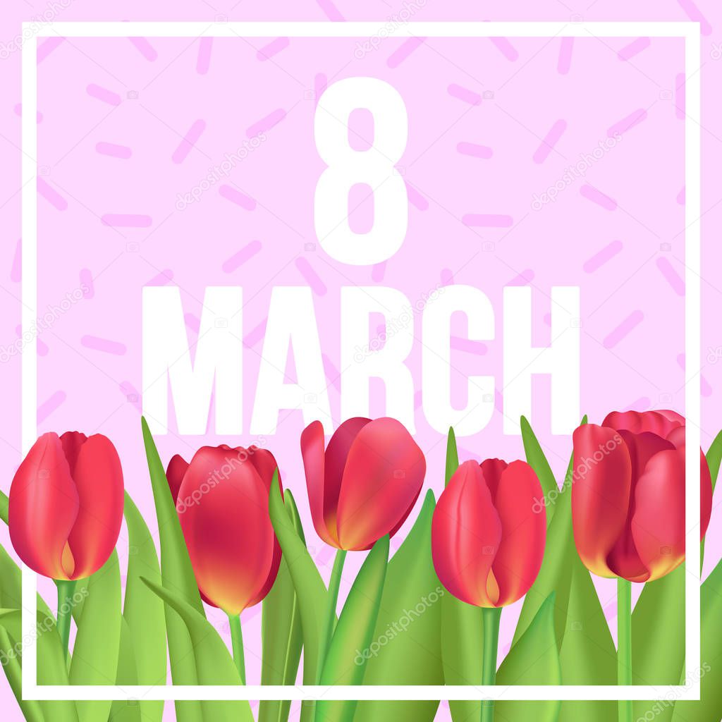 8 March typographic poster with red tulips and memphis style pattern