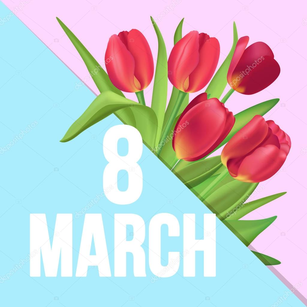 8 March typographic poster with red tulips bouquet on pink and blue divided triangles background 