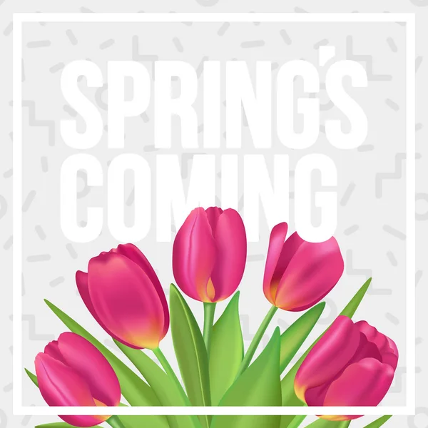 Spring's komst. Typografische voorjaar poster met tulpen boeket. — Stockvector