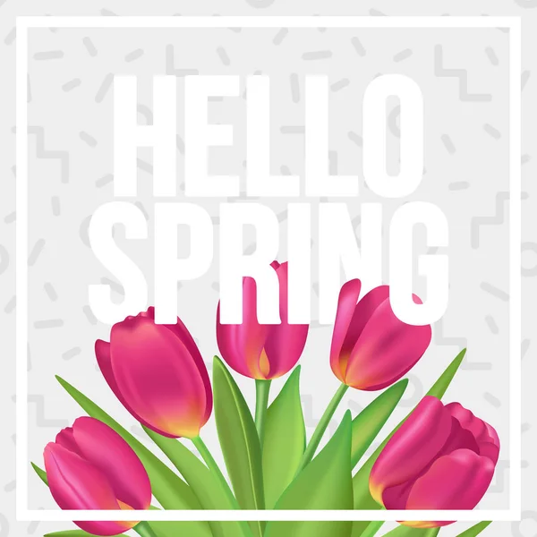 Hallo lente! Typografische voorjaar poster met tulpen boeket. — Stockvector