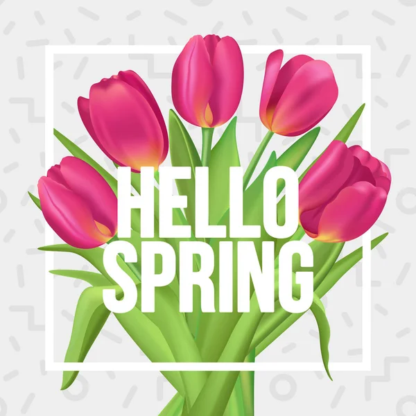 Typographic spring poster with tulips bouquet. Hello Spring! — Stock Vector
