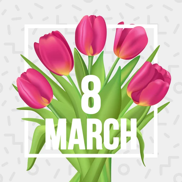 8 de março cartaz tipográfico primavera com buquê de tulipas . — Vetor de Stock