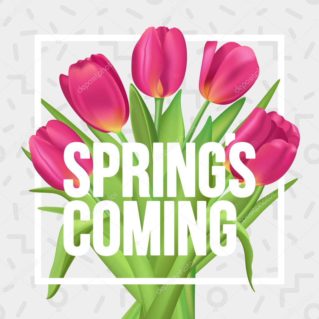 Typographic spring poster with tulips bouquet. Spring's coming!
