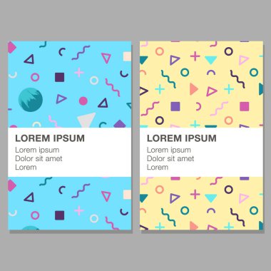 Memphis tarzı mavi ve sarı desen. Broşür için şablon.