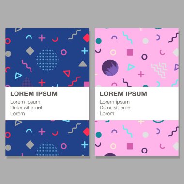 Memphis tarzı renkli desenler. Broşürler, el ilanları için şablon.