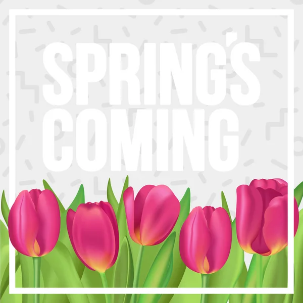 Spring's coming! Typografische poster met tulpen en memphis patt — Stockvector