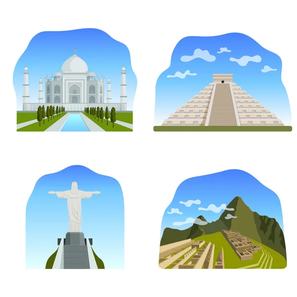 Beroemde wonderen van de wereld: Taj Mahal, Chichen Itza, Christus naar de Verlosser, Machu Picchu — Stockvector