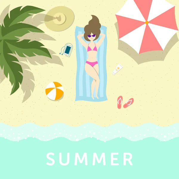 ヤシの木と傘の下で海岸で日光浴を持つ女の子 — ストックベクタ