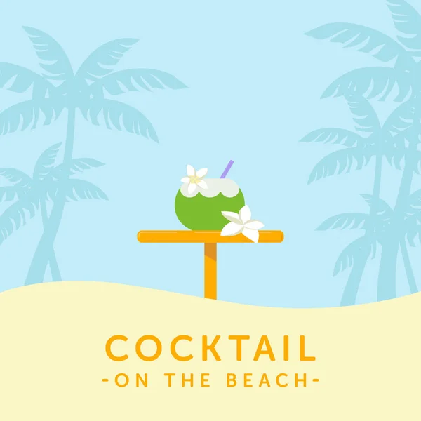 Cocktail em coco e mesa de bar em um fundo silhueta de palma — Vetor de Stock