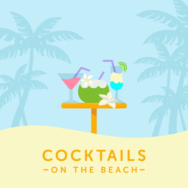 Coquetéis e mesa de bar em um fundo de silhueta de palma. Fundo tropical . — Vetor de Stock